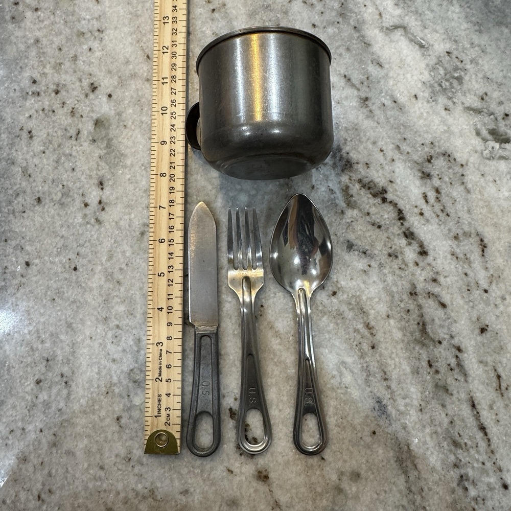 4 Piece Aluminum Silver US Military Army Mess Kit Utensils Cup Spoon Fork Field